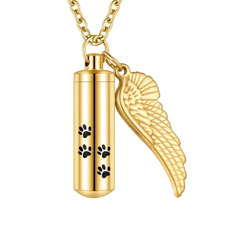 Colar memorial para cinzas de cães e gatos com pingente de pata e asa de anjo em aço inoxidável abooxiu Dourado