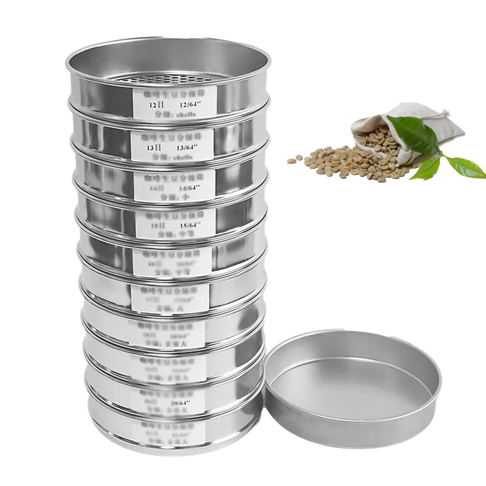 10 Schichten Kaffeebohnensieb, 304 Edelstahl, Präzisionssieb-Set mit Bodenschale, 20,3 cm rundes Sieb, 12-21 Mesh, für Zuhause, Café, Labors