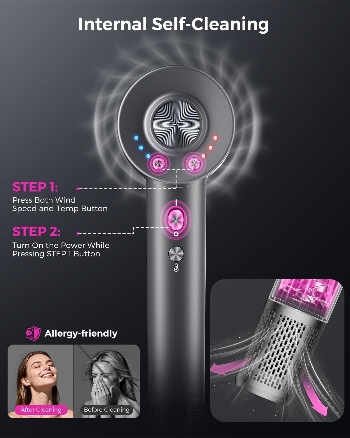 Hair Dryer with Diffuser, Blow Dryer with 160000 RPM Brushless Motor & Negative Ions for Fast Drying, Advanced Heat Control to Prevent Damage, Low-Noise Design, Self-Clean, Gray - Image 7