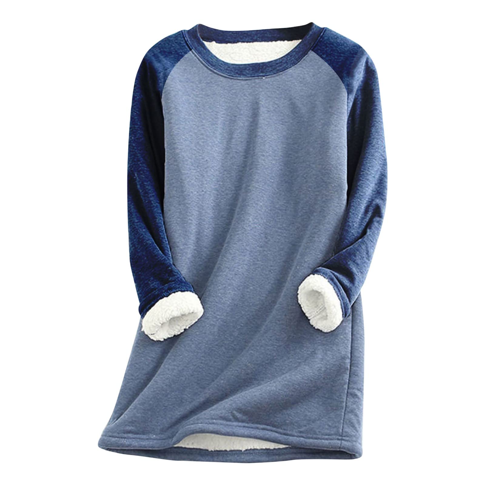 Womens Fall Winter Warm Thick Fleece Shirts, Long Sleeve Crewneck T Shirt - Wool Velvet Tee Thermal Underwear Tops C-Blue