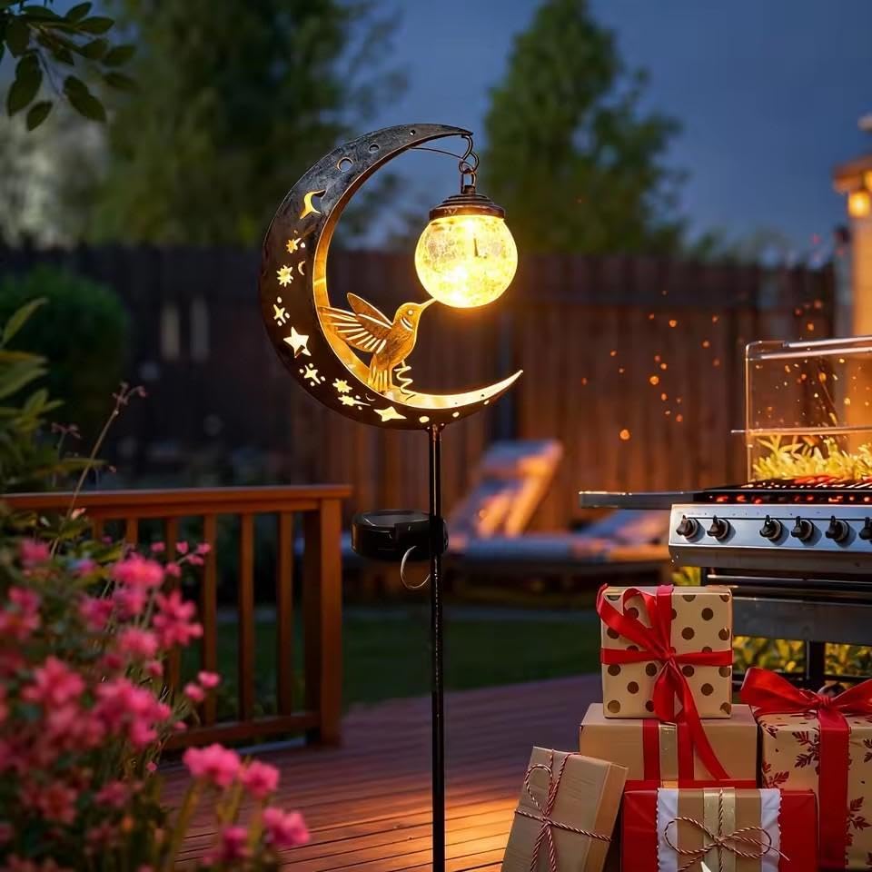 Hummingbird Moon Solar Garden Stake Lights Outdoor Decor, Crackle Glass Solar Pathway Stake Lights, Waterproof Half Moon Hanging Glass Light for Lawn Patio Walkway Decor Gift