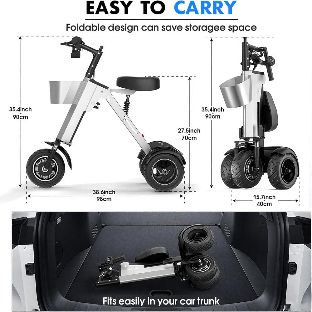 Scooter Elettrico Pieghevole per Adulti, Triciclo Elettrico Portatile e Leggero con Batteria Rimovibile 36 V 7,8 Ah, Interruttore di retromarcia e Chiave,ausilio per la Mobilità da Viaggio