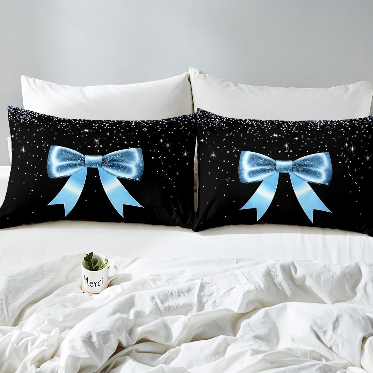Erosebridal Blue Ribbon Bow Girls Toddler Bedding Set Cute Kawaii Bowknot Kids Comforter Cover Romantic Princess Bow Duvet Cover Dreamy Starry Sky Pink Glitter Black Quilt Cover