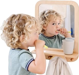 Montessori Wooden and Acrylic Wall Mirror with Hooks for Toddlers - Entryway Mirror with Hooks and Shelf Organizer Self-Care Station