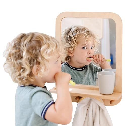Montessori Wooden and Acrylic Wall Mirror with Hooks for Toddlers
