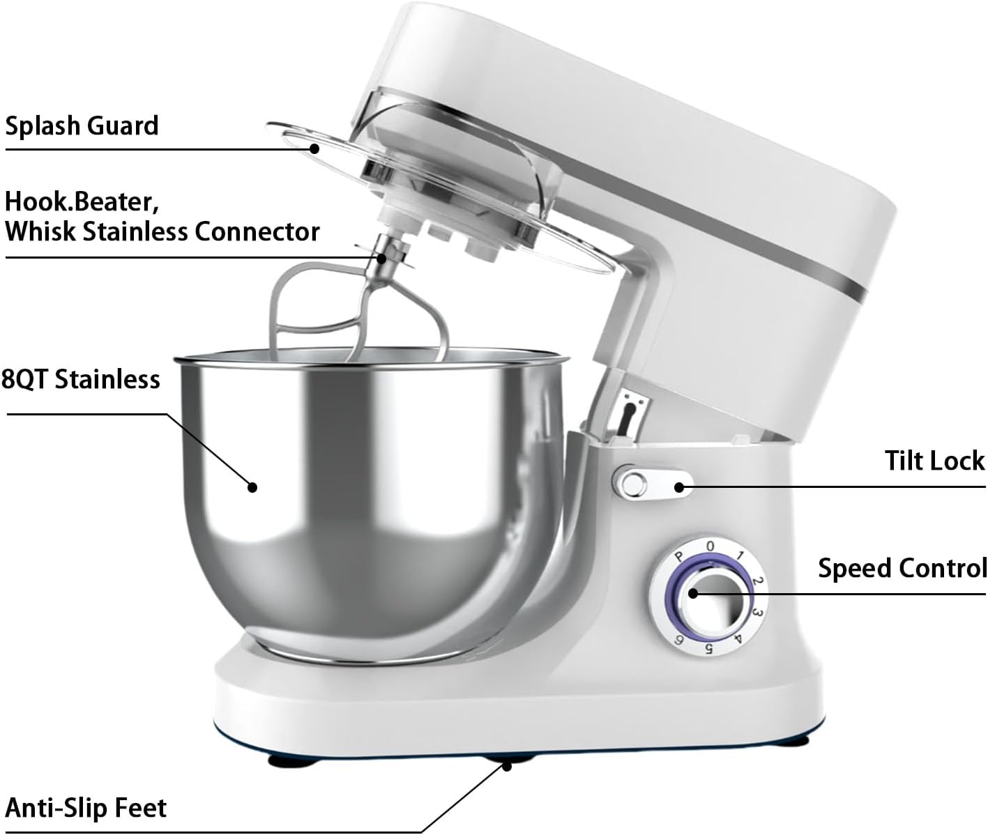 800W Stand Mixer 8 QT kitchen Dough Mixers 6+P Adjustable Speed Electric Household Mixers With Bowl,Dough Hook,Whisk And Beater For Baking,Pizza，Cake And Most Home Cooks
