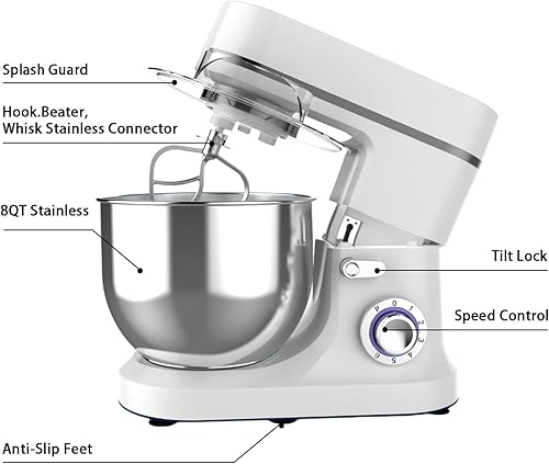 Miniatura 7 de Mezclador de pie de 800 W, mezcladores de masa de cocina de 8 cuartos de galón, mezcladores domésticos eléctricos de velocidad ajustable con tazón,