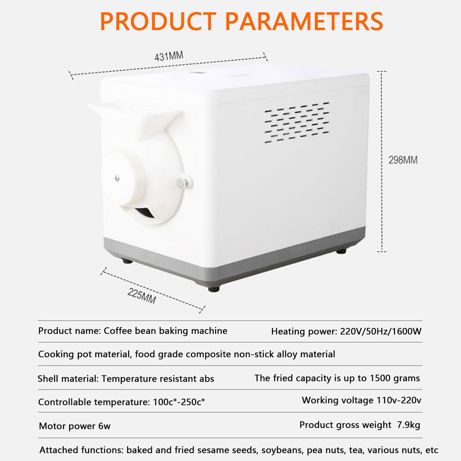 Elektryczny palacz do kawy o mocy 1600 W – pojemność 1500 g do palenia ziaren kawy w domu – regulowana temperatura (0–250°C) – idealny do orzechów, orzeszków ziemnych, nerkowców i kasztanów