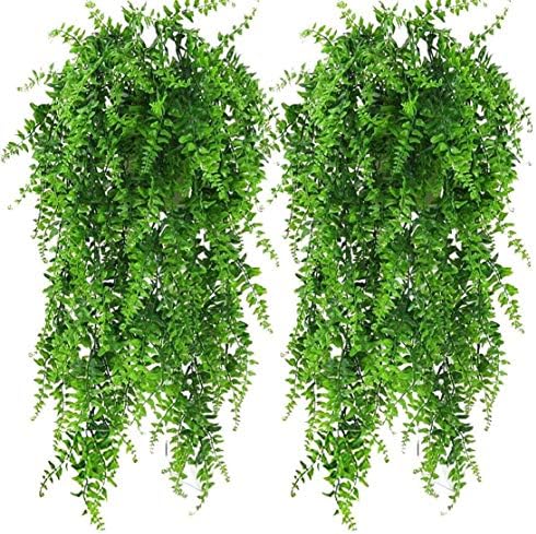 Bird Fiy 2pcs Boston Fern Bush Artificial Fake Vine Plants Decor Plastic Greenery Artificial Plants Vines Hanging Plant