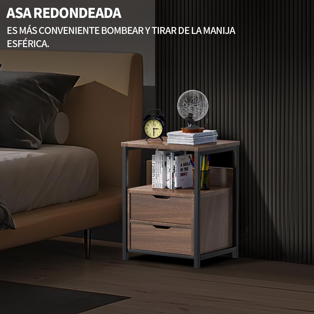 A woman reading next to the nightstand, which holds an alarm clock, books, snacks, a cup, and a remote control, demonstrating its multifunctional storage.