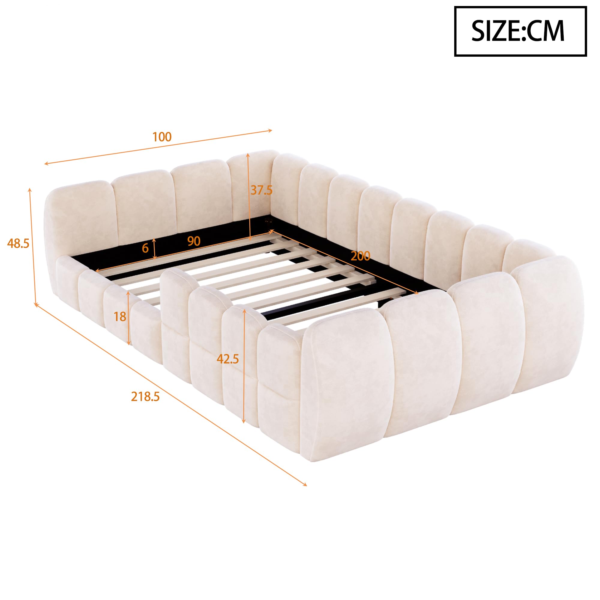 Gepolstertes Kinder-Bodenbett, Samtbezug, komplett geschlossenes Design, abgerundete Ecken, geeignet für Kinder-, Kleinkind- und Jugendzimmer (Beige, 90 x 200 cm)