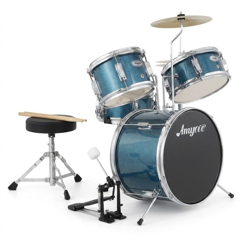 Kinder-Schlagzeug 3-Teilig Schlagzeugset – Kompaktes Schlagzeug Für Anfänger mit Bass Drum, Snare, Tom, Becken & Hocker – Hartholz & Stahl, Blau, für Konzert & Übung ab 6 Jahren