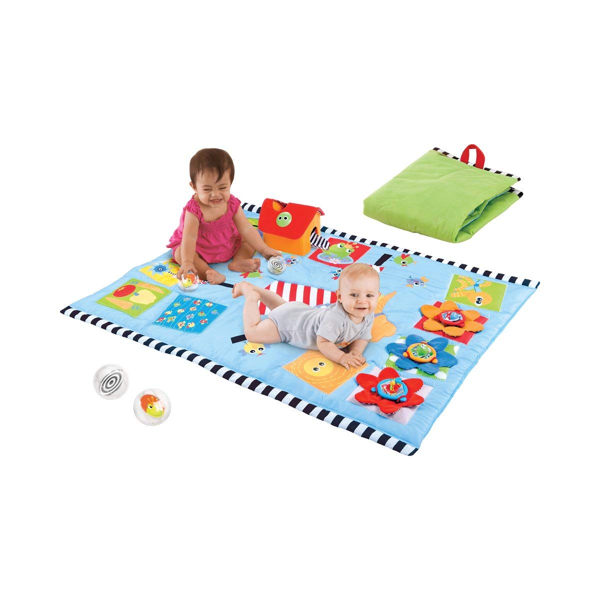 Two infants on the playmat with the house and balls, and the mat folded for storage