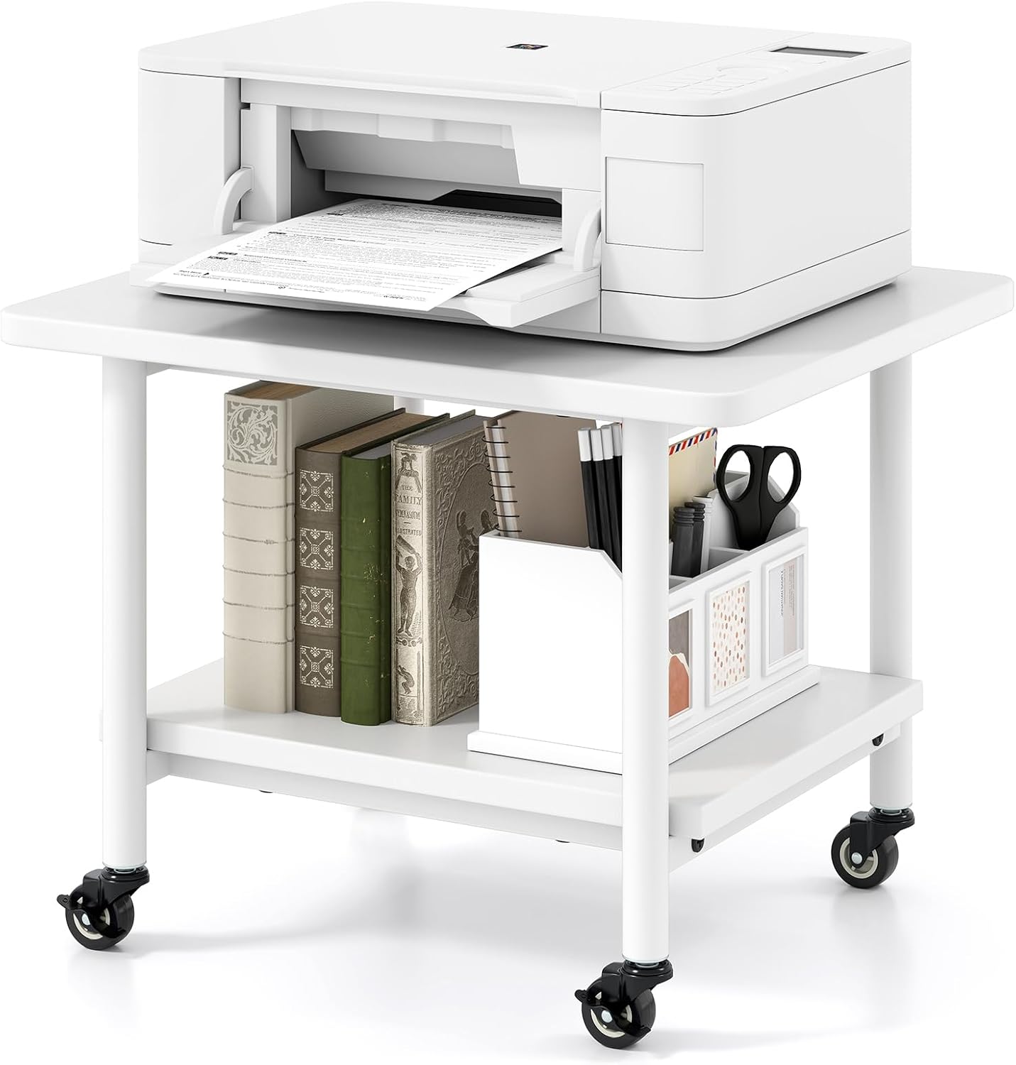 Giantex Under Desk Printer Stand, 2-Tier Mobile Printer Table with Storage Shelf, Lockable Wheels & Metal Frame, Rolling Printer Cart Holder, Storage Rack for Home Office Scanner Fax Machine (White)