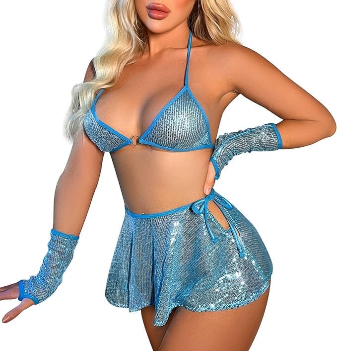 SIQITECHNO Womens Shiny Sequin Rave Outfits See Through Halter Bra Top Mini Skirt Lingerie Set Glitter Hologram Clubwear