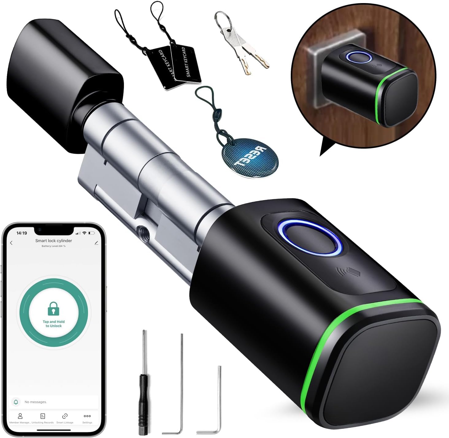 Cylindre de serrure intelligent, à empreintes digitales, serrure électronique avec empreinte digitale, 60 mm, avec 2 cartes clés, prise en charge de l'application Smart Life, IP53