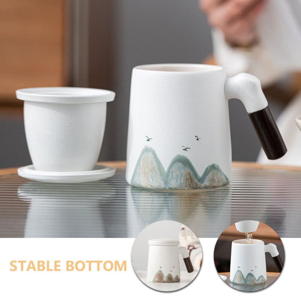 Taza de Cerámica con Infusor y Tapa para Infusiones de Té, Diseño Ligero y Mango de Madera, Adecuada para Uso en Escritorio y Aficionados al Té