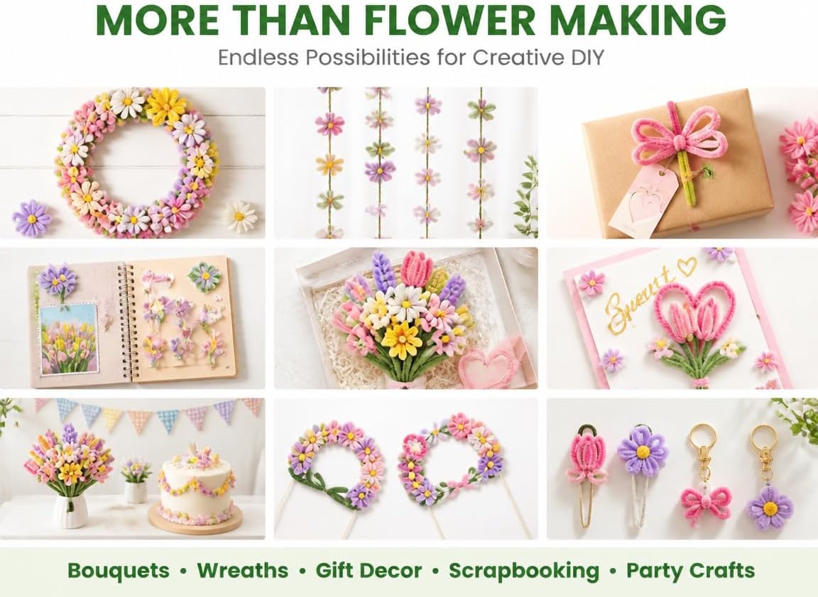 800 PCS Pipe Cleaners Flower Kit, 8 Colors Chenille Stems for DIY Crafts
