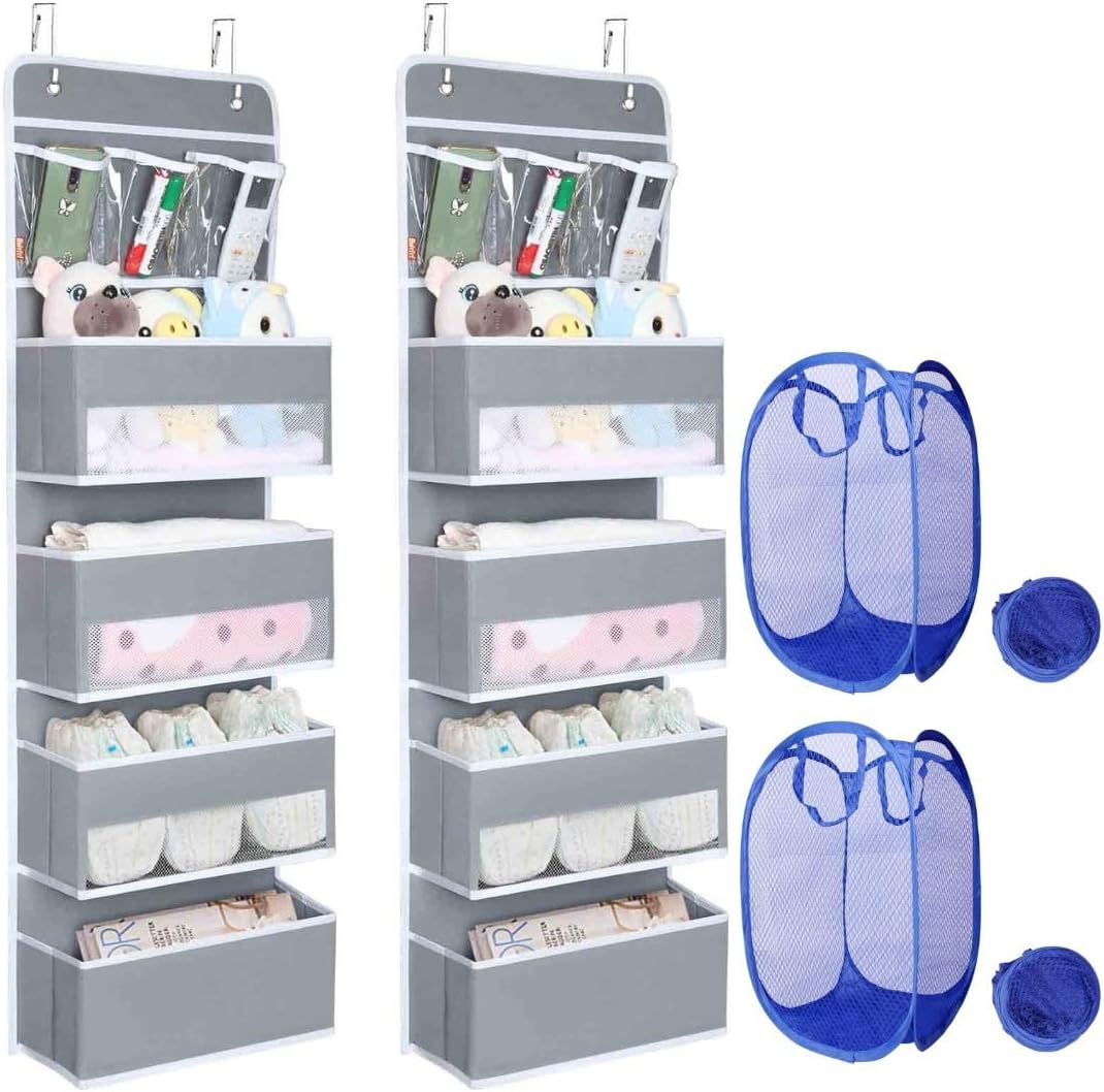 2 Over the Door Organizer with 5 Large Pockets, 10 Mesh Side Pockets, Clear Window – Hanging Storage for Toys, Shoes, Clothes, Diapers – Space-Saving Door-Mounted Organizer, Dark Grey
