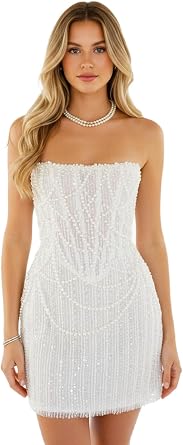 Pearl Tube Wedding Dresses for Bride Sparkly Sequin Beaded Prom Cocktail Evening Party Maxi Gowns