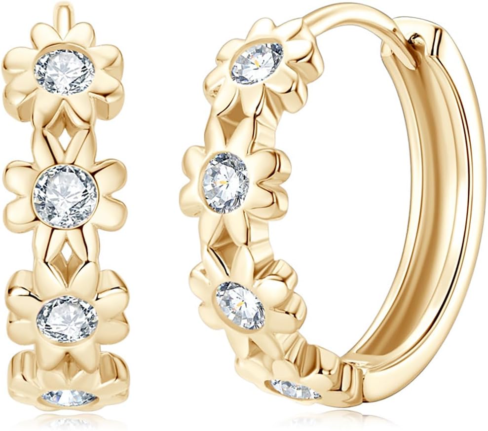 14K Gold Over S925 Sterling Silver Daisy Flower Yellow Gold Hoop Earrings for Women,0.16ct.t.w. D-color VVS1 Clarity Diamond,Ideal Gift for Wife