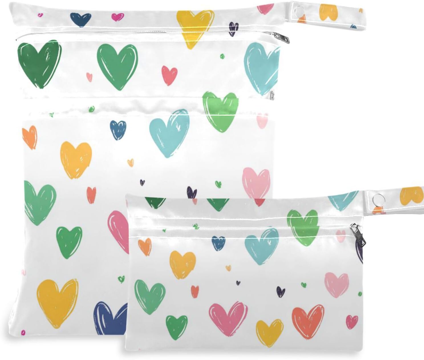 Colorful Love Hearts reusable bag for cloth 2 Pack wet bag for swimsuit with handles for daycare, daycare