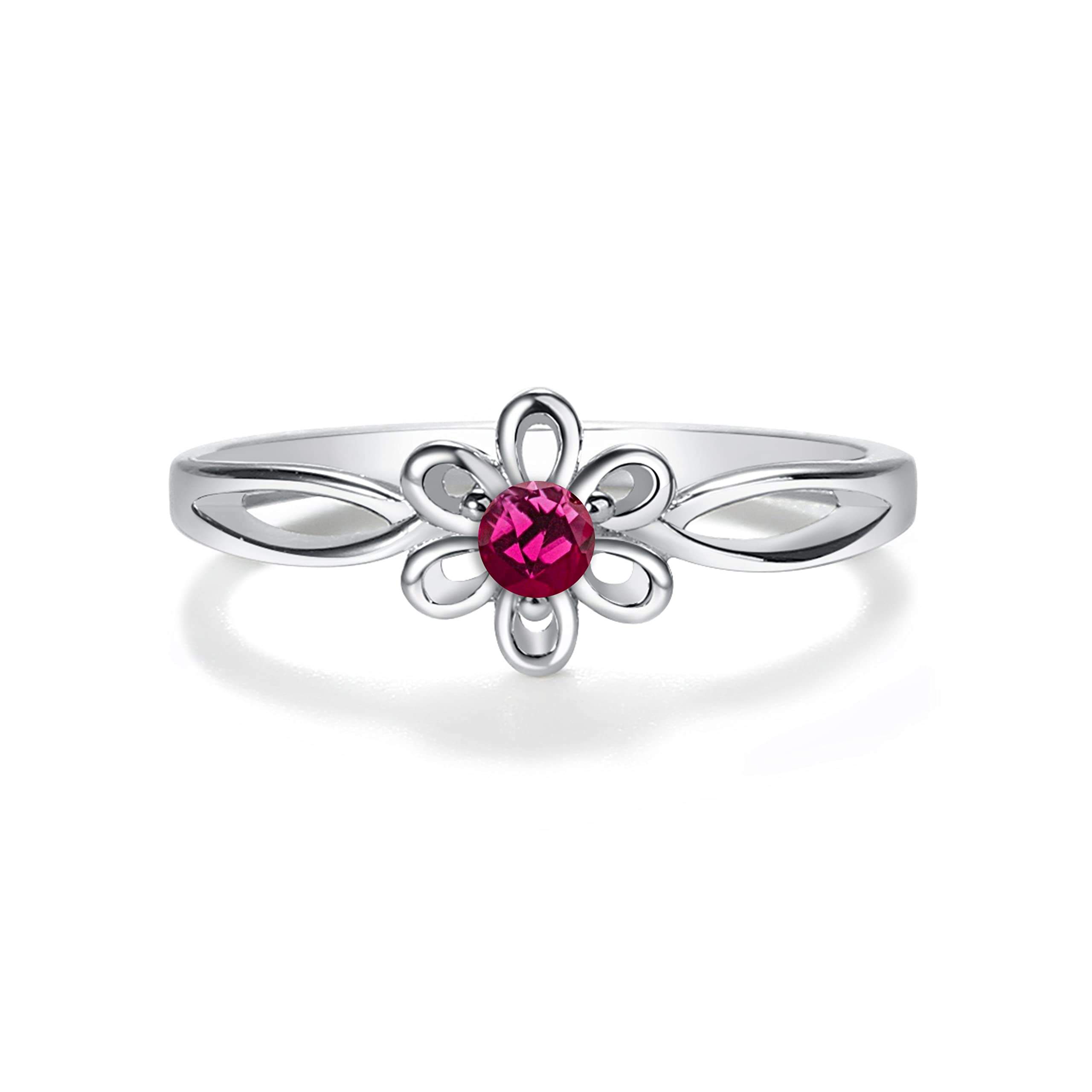 Precious Pieces 925 Sterling Silver Simulated Birthstone Baby Ring with Flower for Little Girls