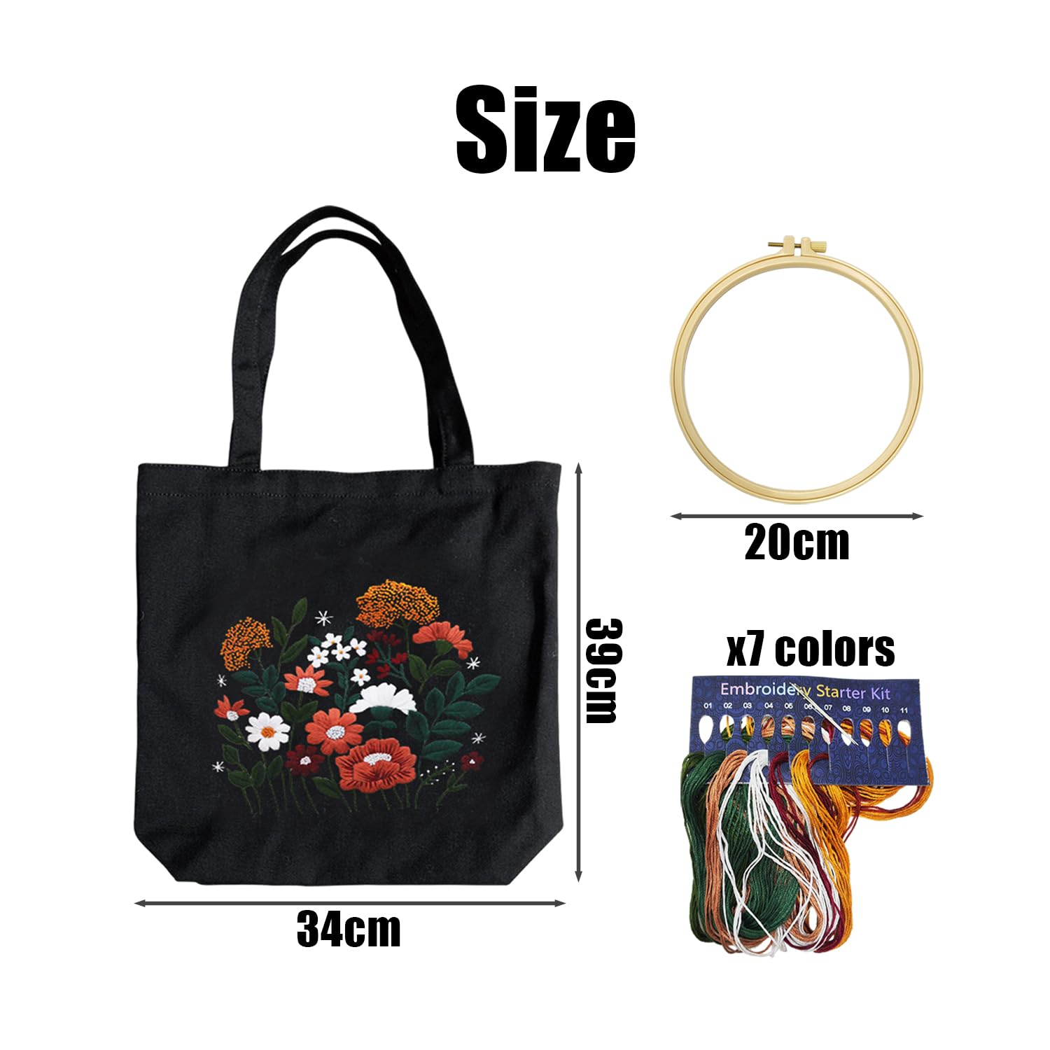 DUINIU 1 Piece Patterned Canvas Tote Bag with Embroidery Hoop, Colorful Thread, Embroidery Needle, Cross Stitch Kit, Embroidery Set, DIY Craft Kit for Adults, Embroidery Kit for Beginners (Black) - Image 2