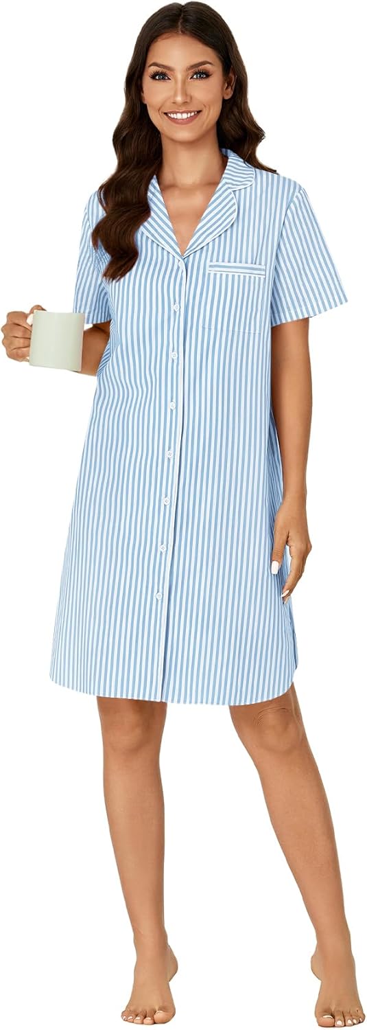 Rooscier Women's Cotton Striped Nightshirt Collar V Neck Short Sleeve Nightgown Button Down Nightdress - Image 6