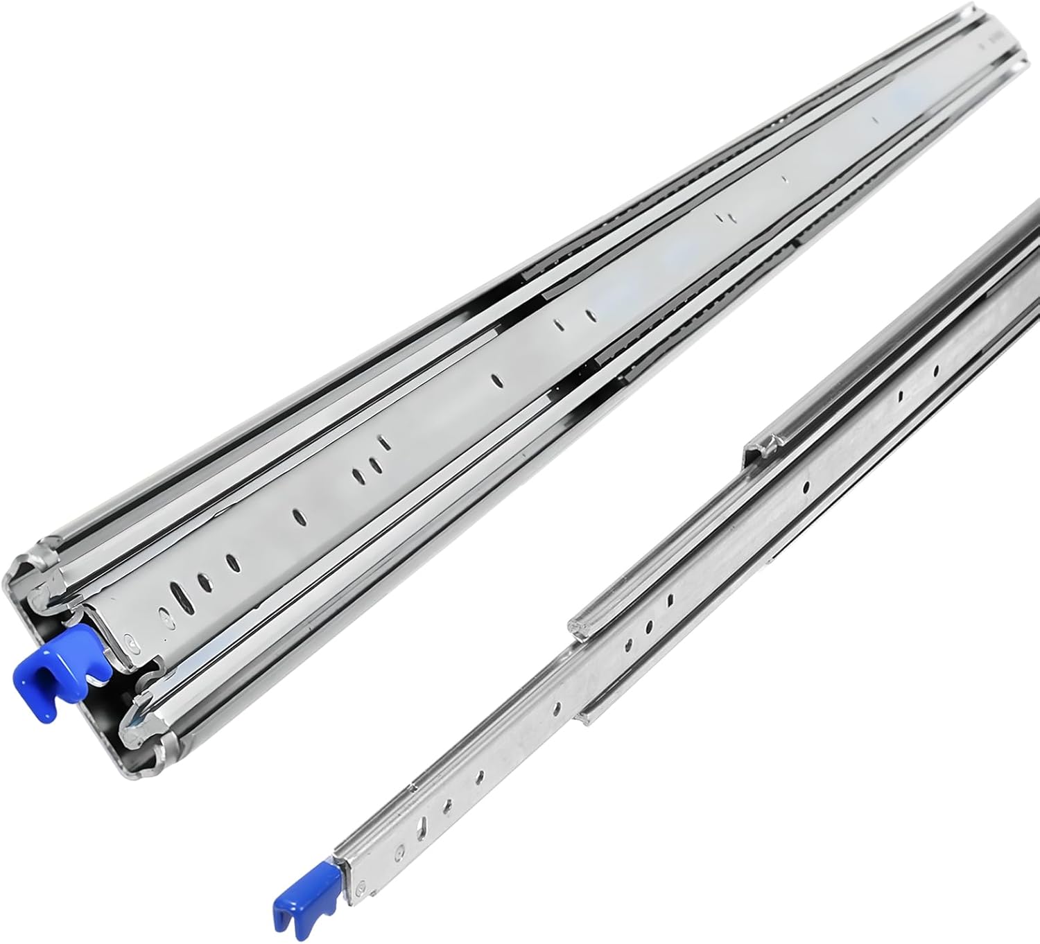 A Pair Heavy Duty Locking Drawer Slides 500 lbs, Full Extension Ball Bearing Runners with Blue Zinc Plating, 3-Fold Guide Rails for Tool Chests Truck Shelves Garage Hardware