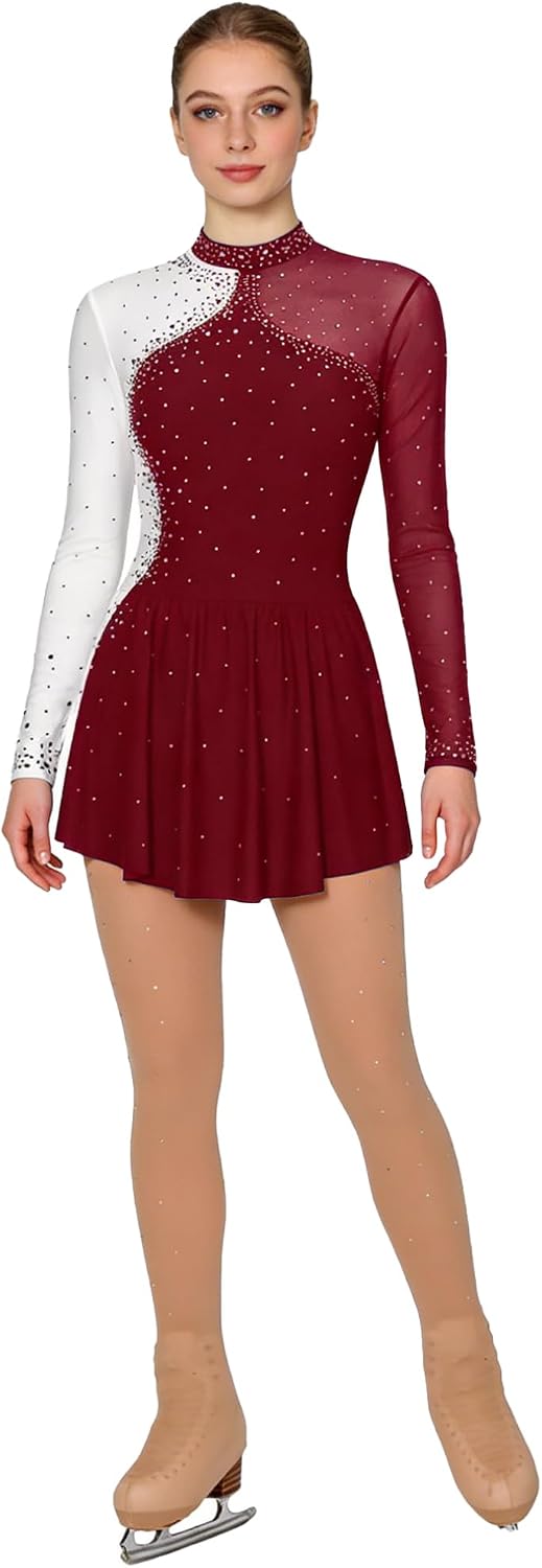FEESHOW Women's Shiny Rhinestone Figure Skating Dress Long Sleeve Ice Skating Dresses with Tights Leggings