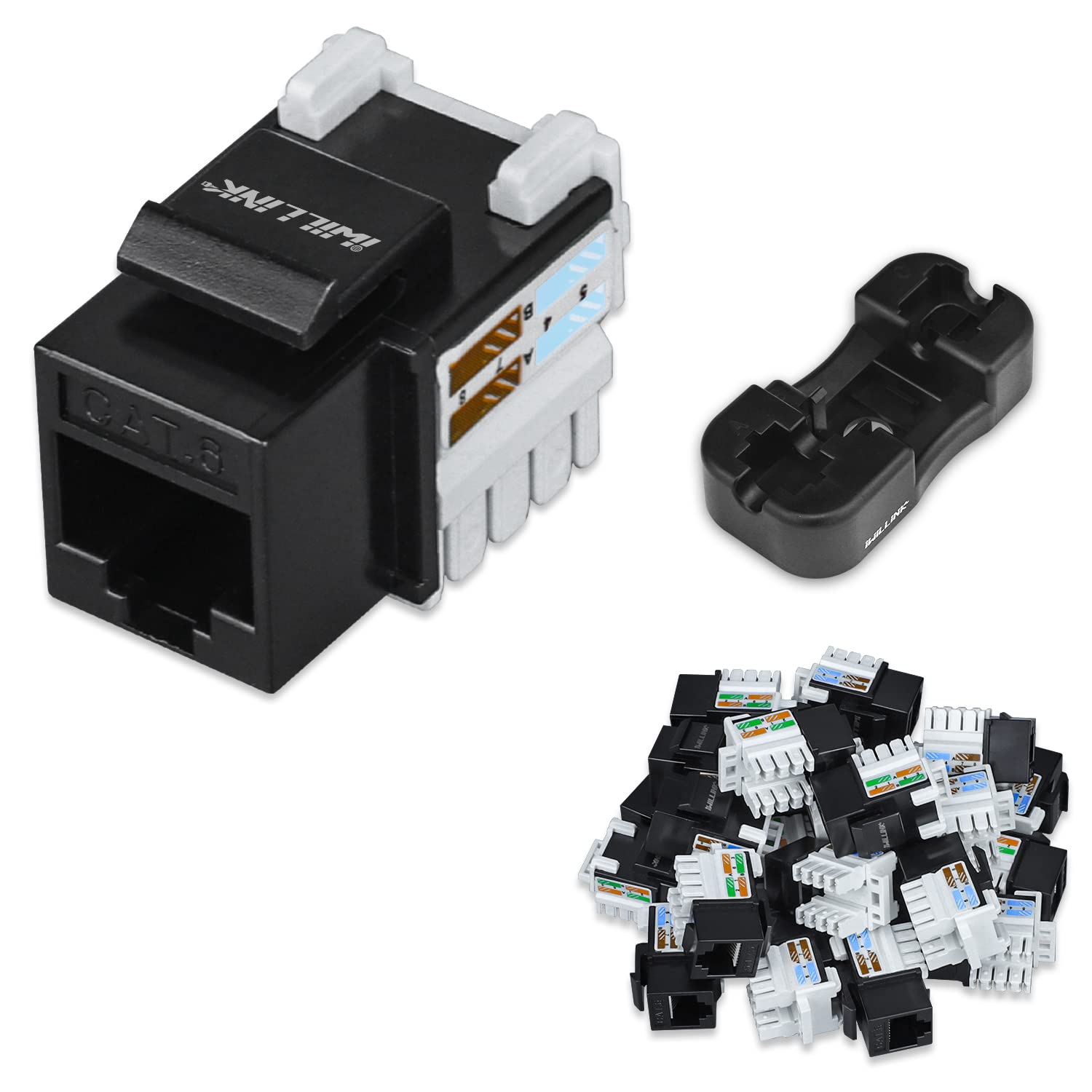 Iwillink 10Gbps Cat6 Keystone Jack RJ45 Modular Ethernet Jack Insert, Punch Down Adapter 25-Pack with Stand, Black
