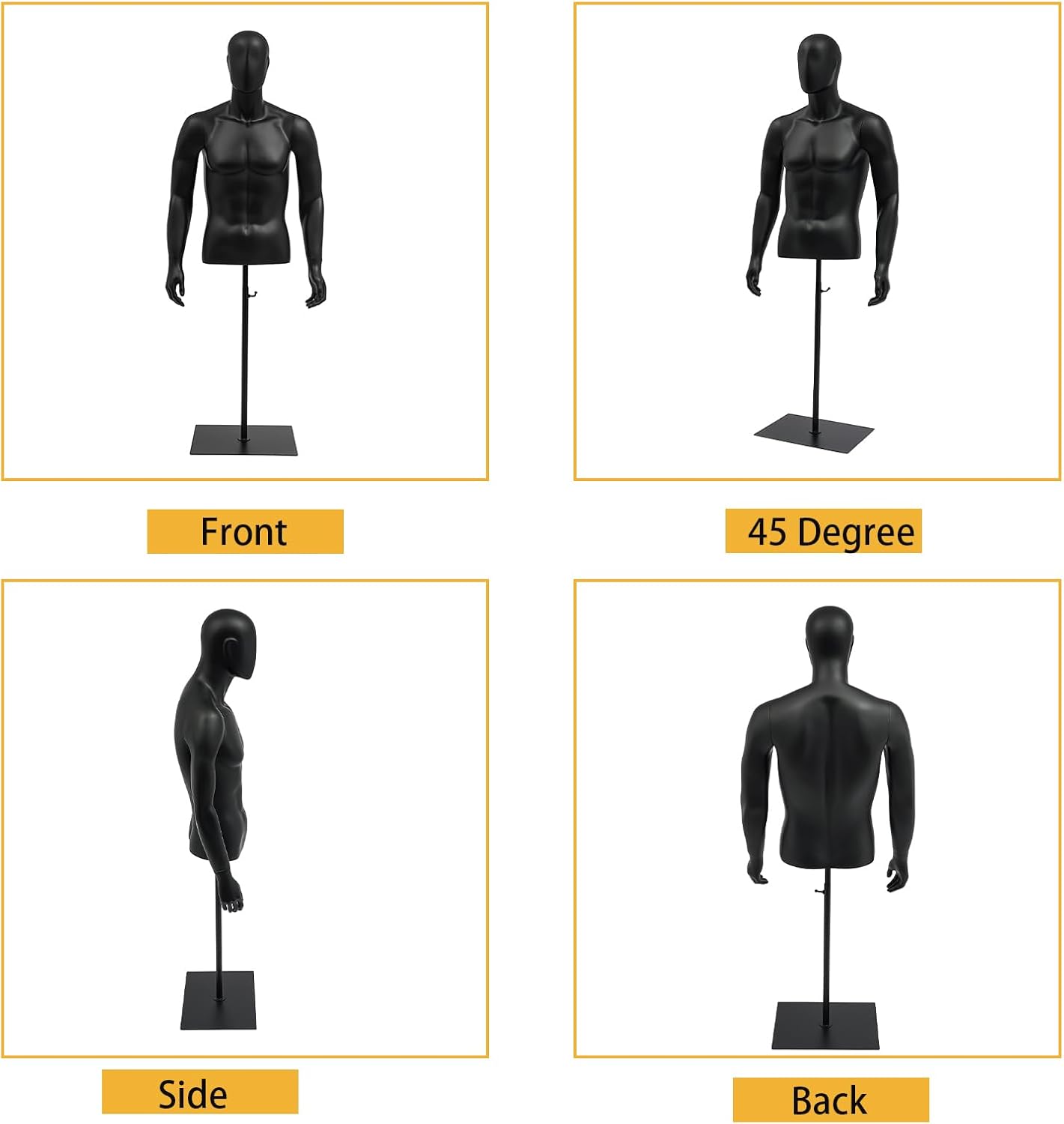 Male Mannequin Torso Dress Form, Detachable Arms Sewing Dress Model Mannequin, M-annequin Display with Metal Stand, 4.27-6.56FT Height Adjustable, for Clothing Retail Sewing Shop, Black