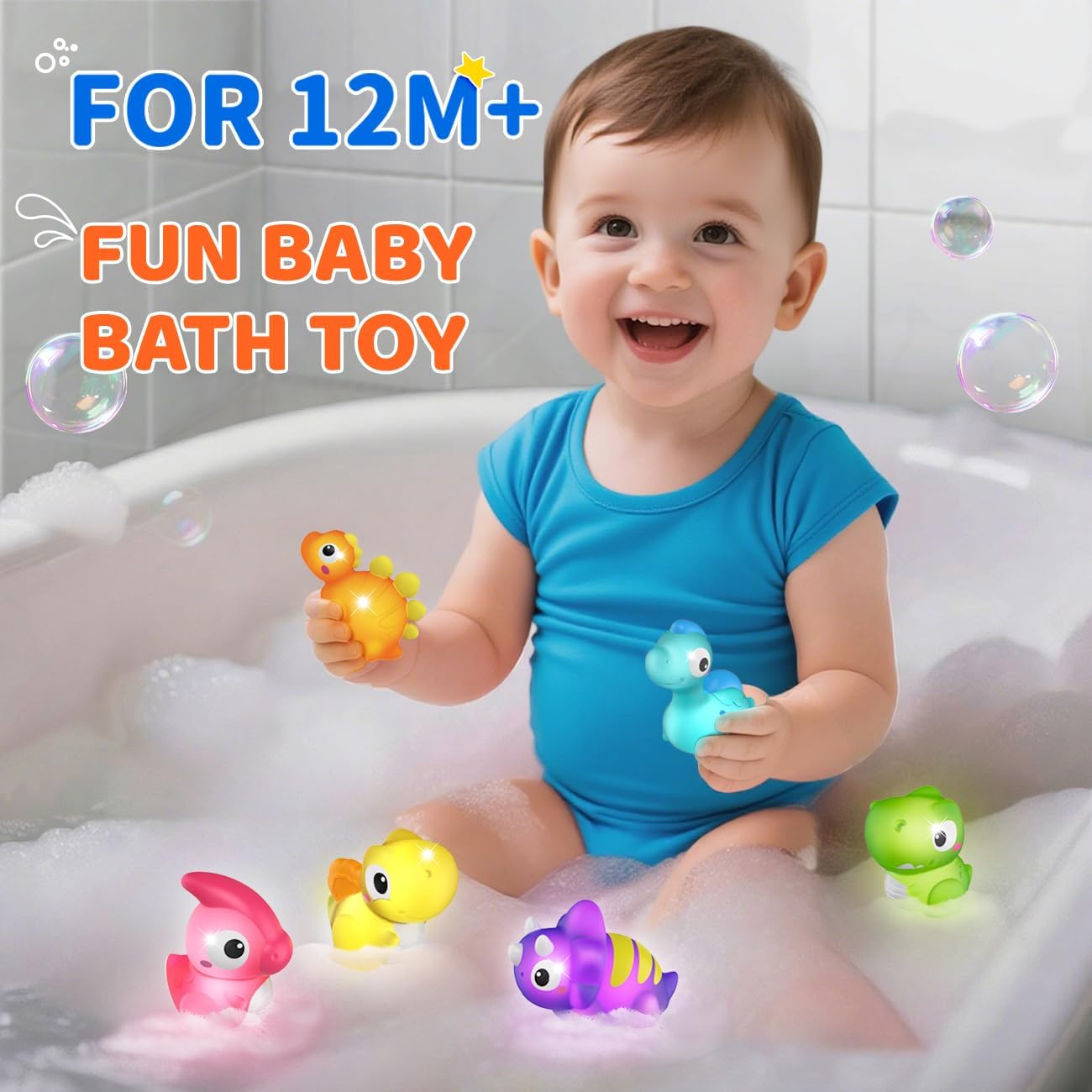 Light Up Bath Toys for Kids Ages 1-3, Dinosaurs Water-Activated Toys, Bathtub Toys for Toddlers 2-4, Pool Floating Water Bath Toys for 1 2 Year Old Boy Girl Gifts - 6 Packs