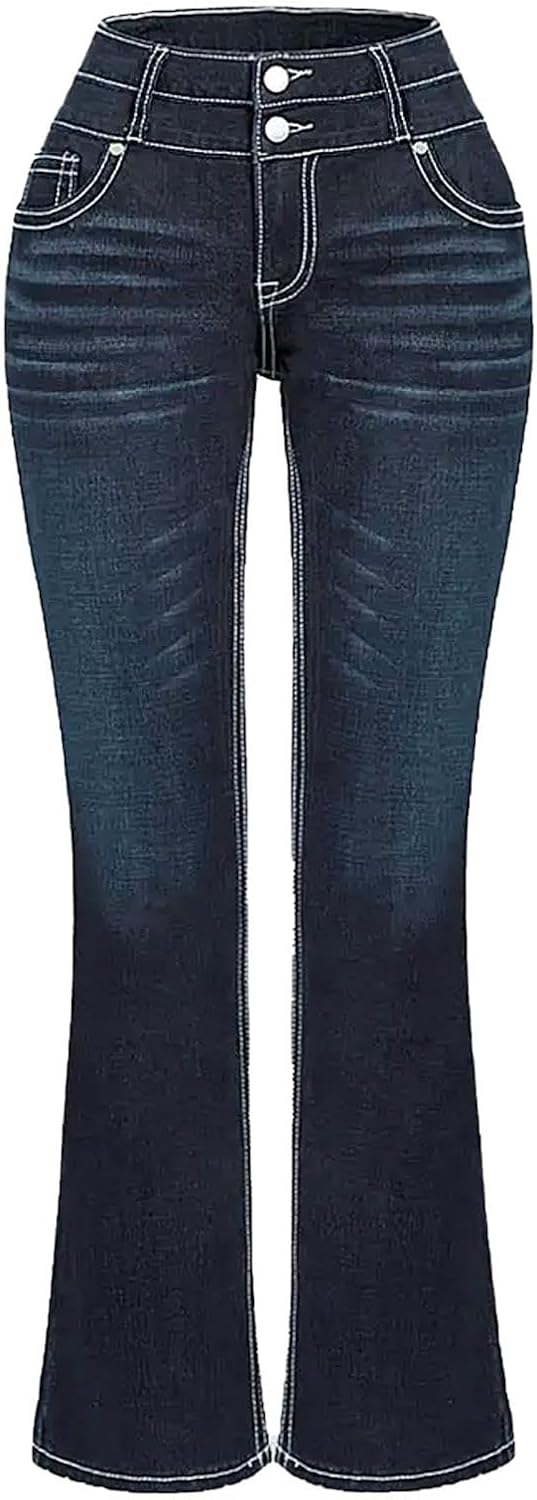 Women's Low Rise Skinny Denim Pants with Embroidered Pocket Straight Leg Jeans Boyfriends Stretchy Tummy Pants