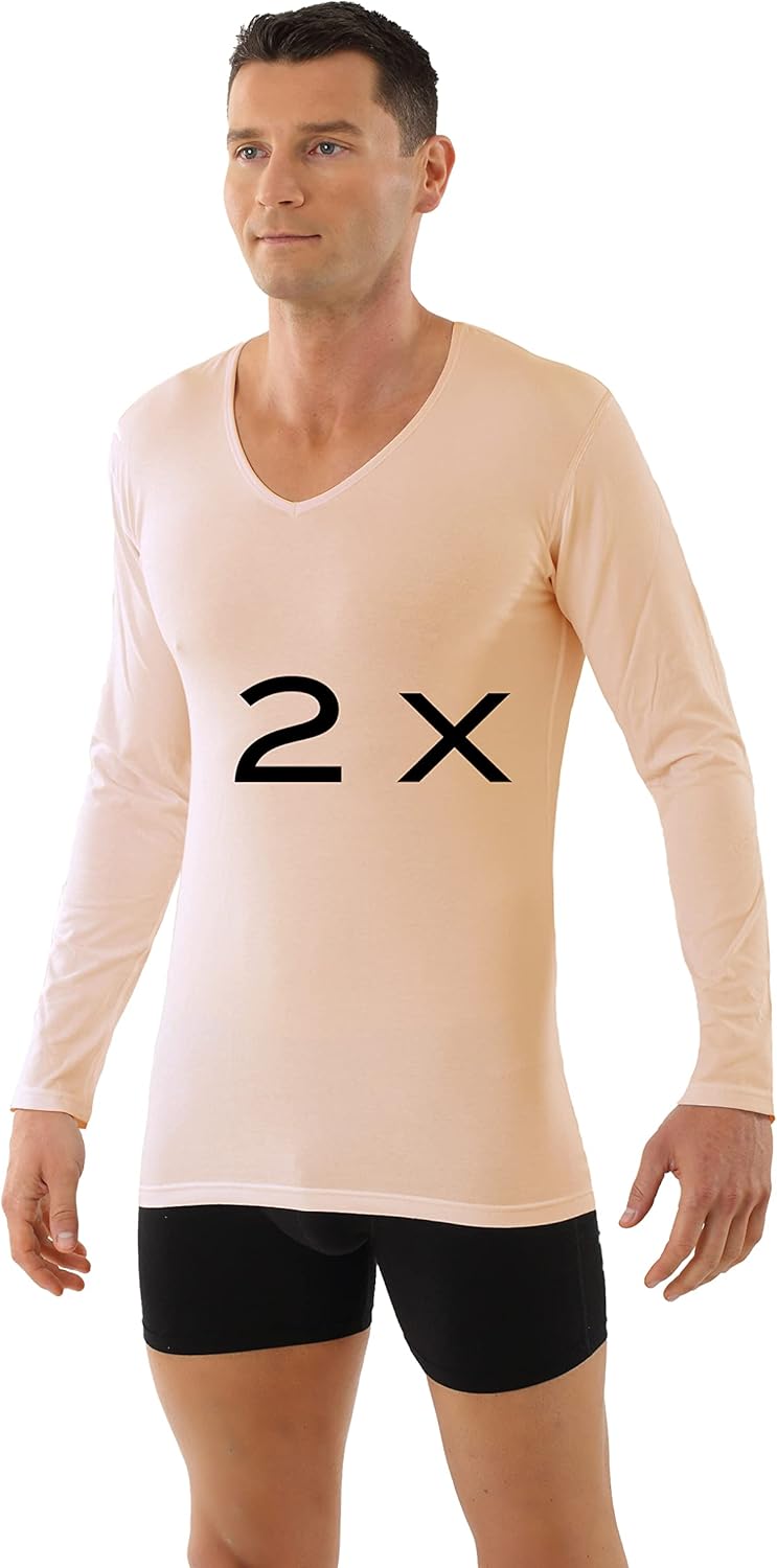 ALBERT KREUZ 2-Pack Men's Thermal Long Sleeve Undershirt with v-Neck Stretch Cotton Beige