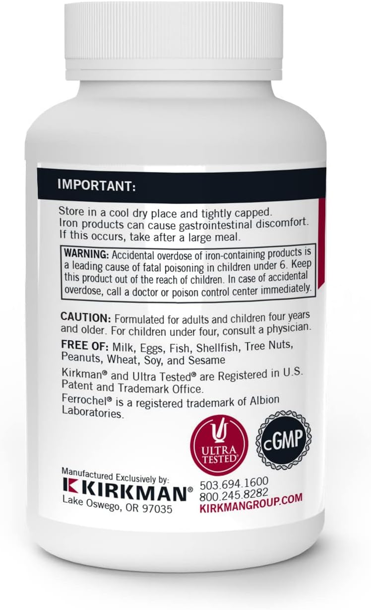 Kirkman Iron Ferrochel® 5 mg - Hypoallergenic || 120 Vegetarian Capsules || Minerals || Gluten and Casein Free || Aids in The Production of Hemoglobin || Capsules are Plant Based