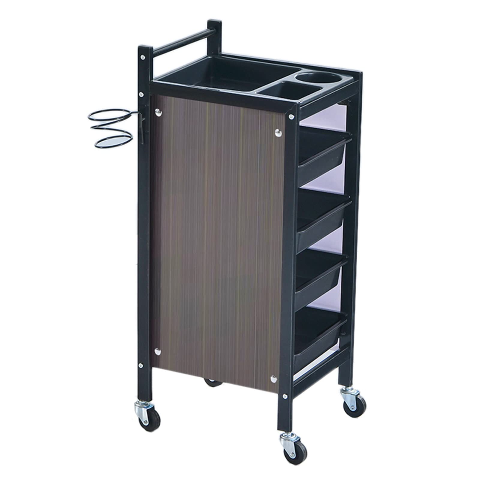 5-stöckiger Friseur-Werkzeugwagen mit 4 Ablagen und Haartrocknerregal, professionelle Friseurausrüstung, schwarz, 36 x 32 x 85 cm