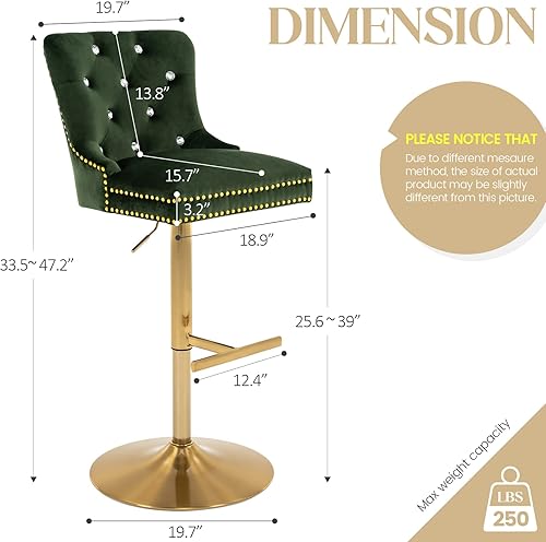 Miniatura 9 de Taburete de bar ajustable, silla de terciopelo con función giratoria y base negra, taburete de altura de mostrador para cocina, comedor y muebles de