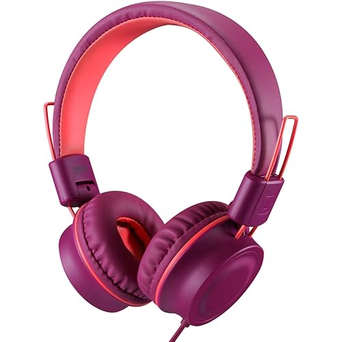 noot products Kids Headphones K33 Foldable Stereo Tangle-Free 5ft Long Cord 3.5mm Jack Plug in Wired On-Ear Headset for iPad/Amazon Kindle,Fire/Boys/Girls/School/Laptop/Travel/Plane/Tablet(Plum)