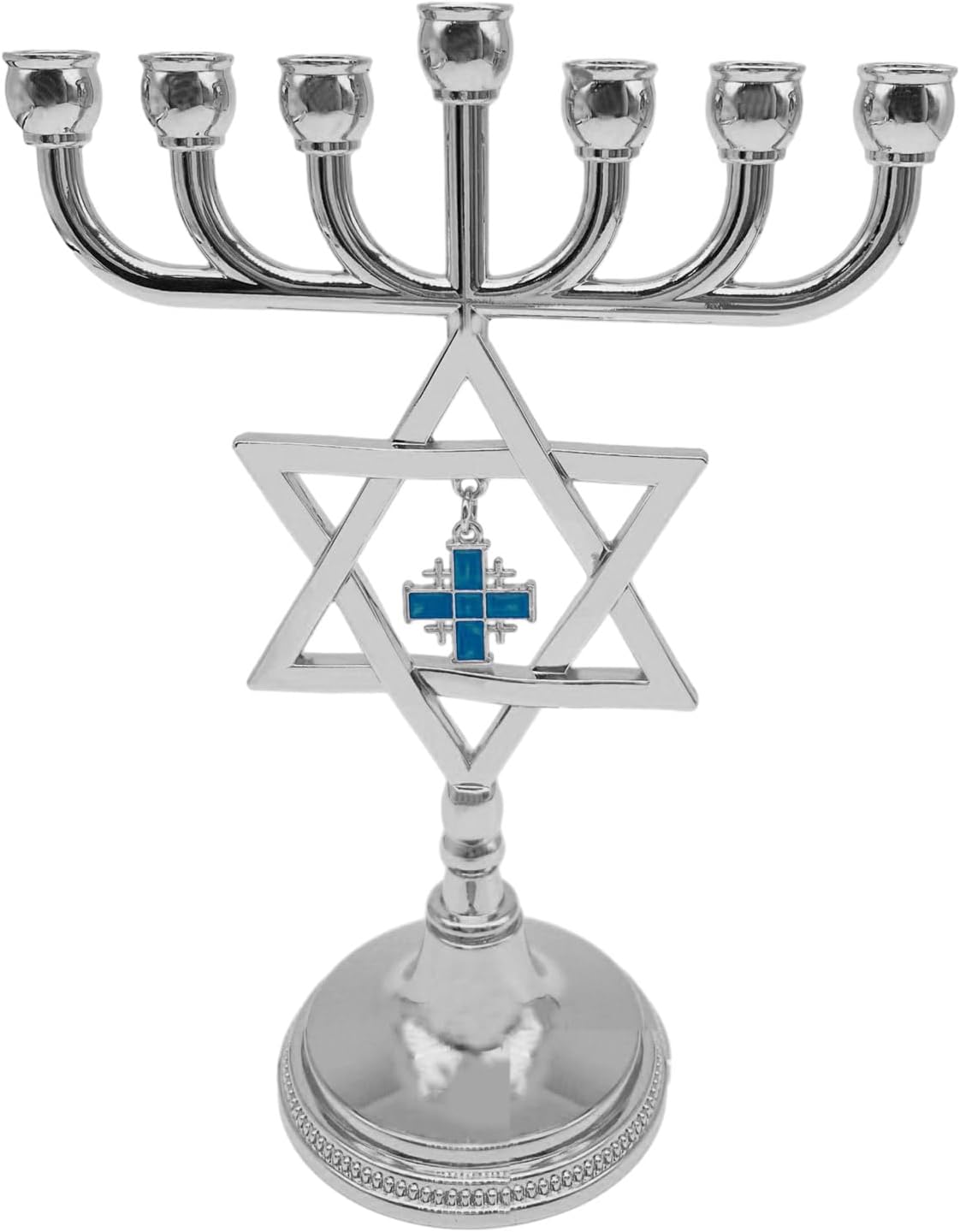 7 Branch Metal Menorah with Cross Pendant Vintage Hanukkah Candlestick Star Jewish Candle Holder Stand Ornament Decor