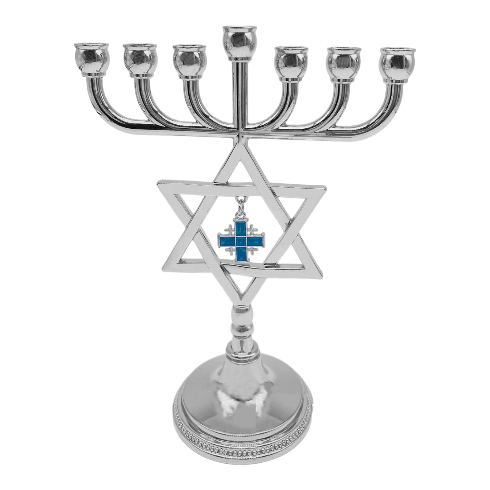 7 Branch Metal Menorah with Cross Pendant Vintage Hanukkah Candlestick Star Jewish Candle Holder Stand Ornament Decor
