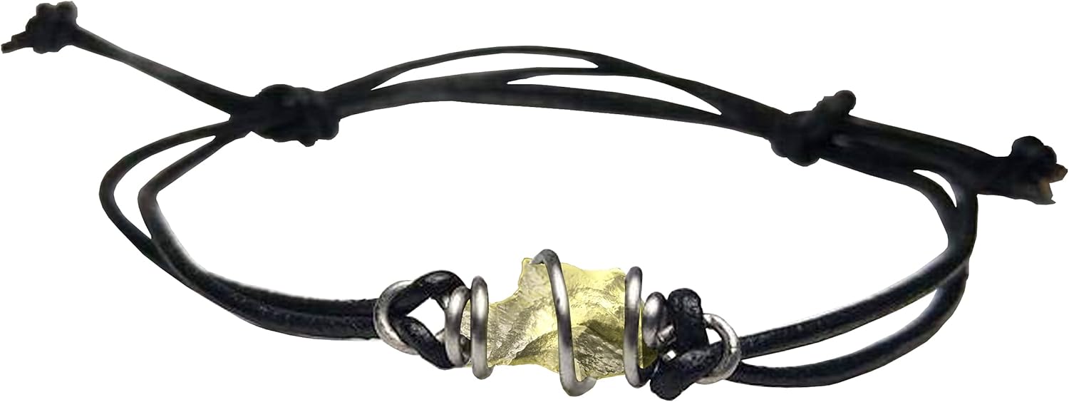 Real Raw Libyan Desert Glass in Wire Wrapped Cage Bracelet in Stainless Steel- Copper- Bronze- Silver- 14K Gold- 14K Rose gold- or Black Niobium on a Leather -Waxed Cord Adjustable Friendship Bracelet