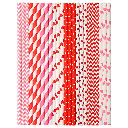 Cooraby 200 Pieces Valentine's Day Paper Straws Red And Pink Biodegradable Drinking Hearts Stripe Bicolor Stripe Dot Chevron Straw Mix For Wedding Supplies And Party Favors, 8 Styles (Red, Pink) #TOP2