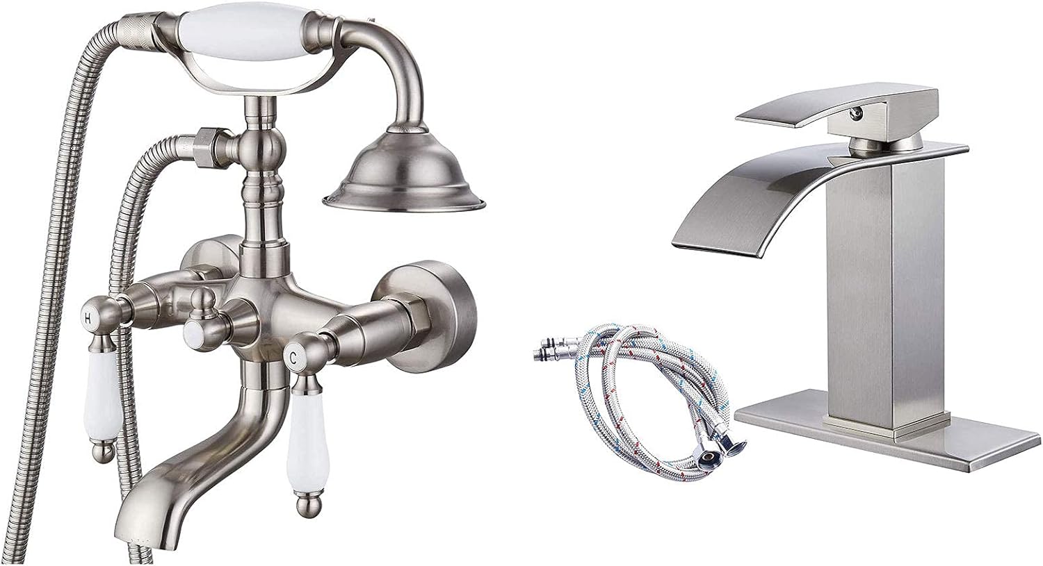 Airuida Brushed Nickel Wall Mount Bathtub Faucet With Ceramic Handheld Shower Sprayer Matching with Waterfall Bathroom Faucet Brass Single Handle