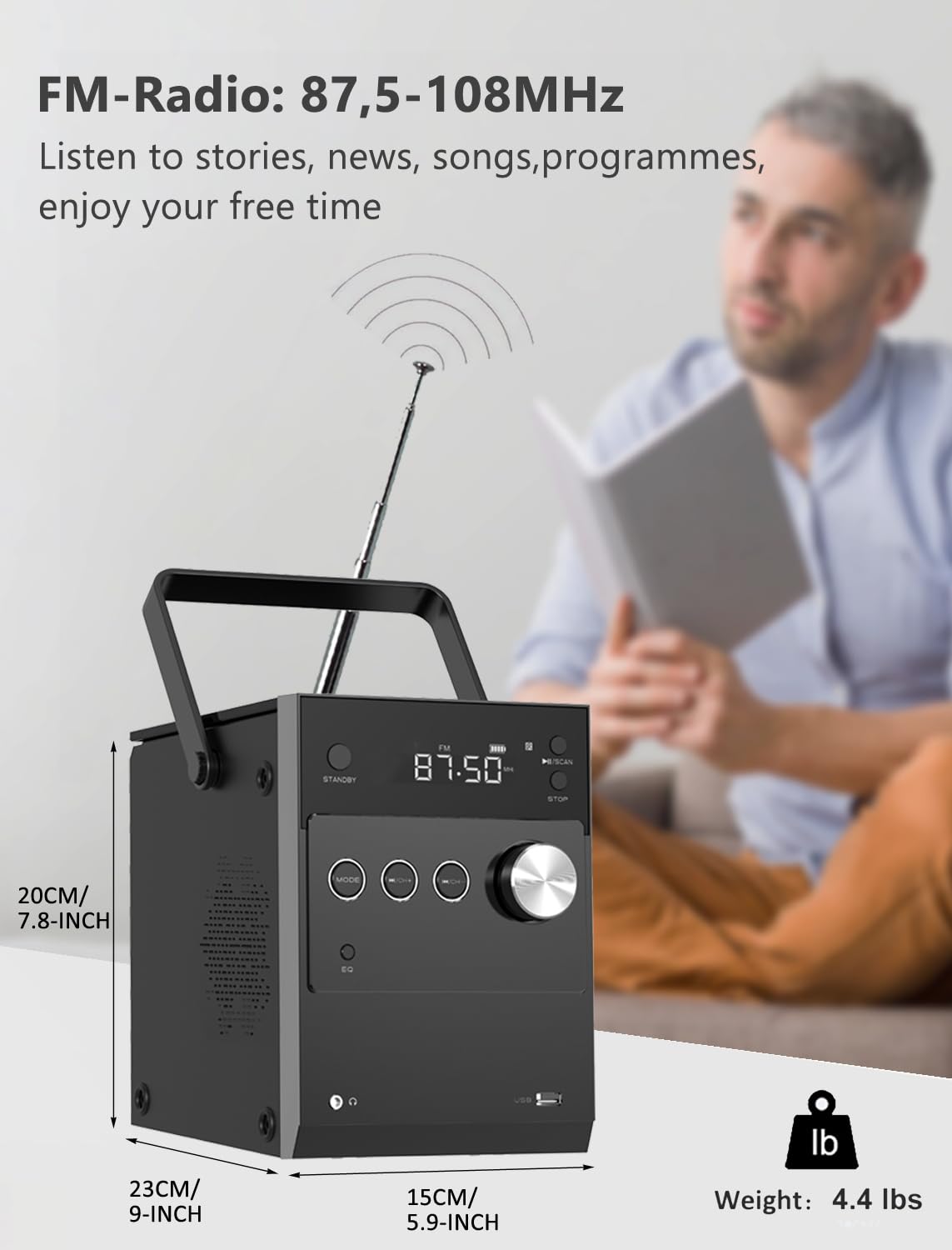 Boombox Lecteur CD Portable LP-118B - Bluetooth 5.3, Radio FM, 20W, Batterie 2000mAh, Karaoké