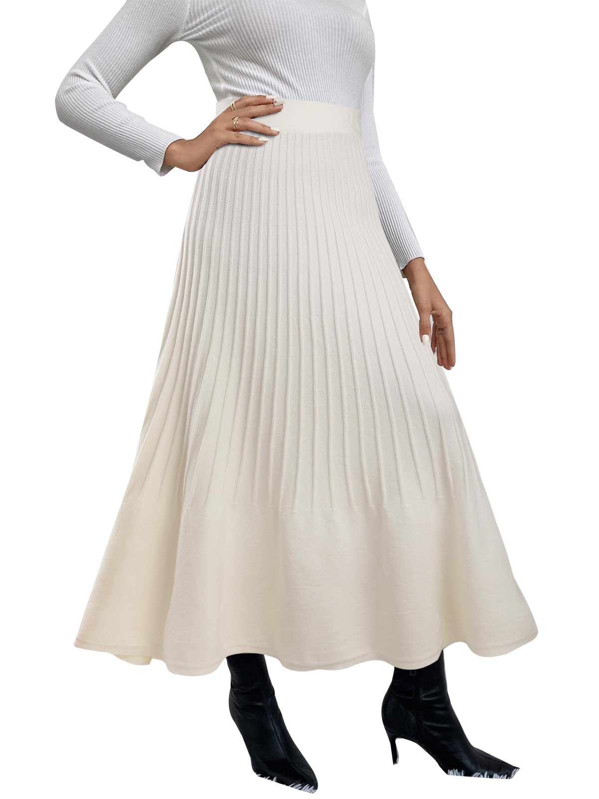 Adigaber Lange damesrok, hoge taille, gebreid, plooirok, A-lijn, elastische taille, winterrok, Zwart, M Adigaber Lange damesrok, hoge taille, gebreid, plooirok, A-lijn, elastische taille, winterrok, Zwart, M