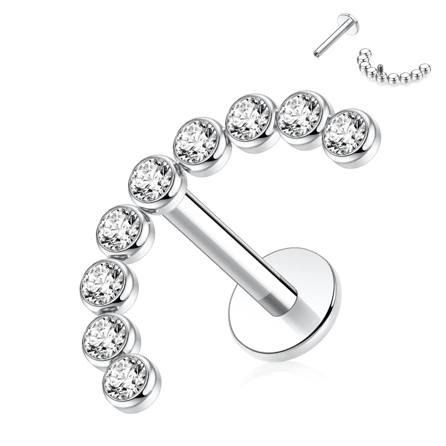 hengkaixuan 16G Titanium Labret Studs - Internally Threaded Flatback - Unisex - Silver - Piercing Jewellery — view 29
