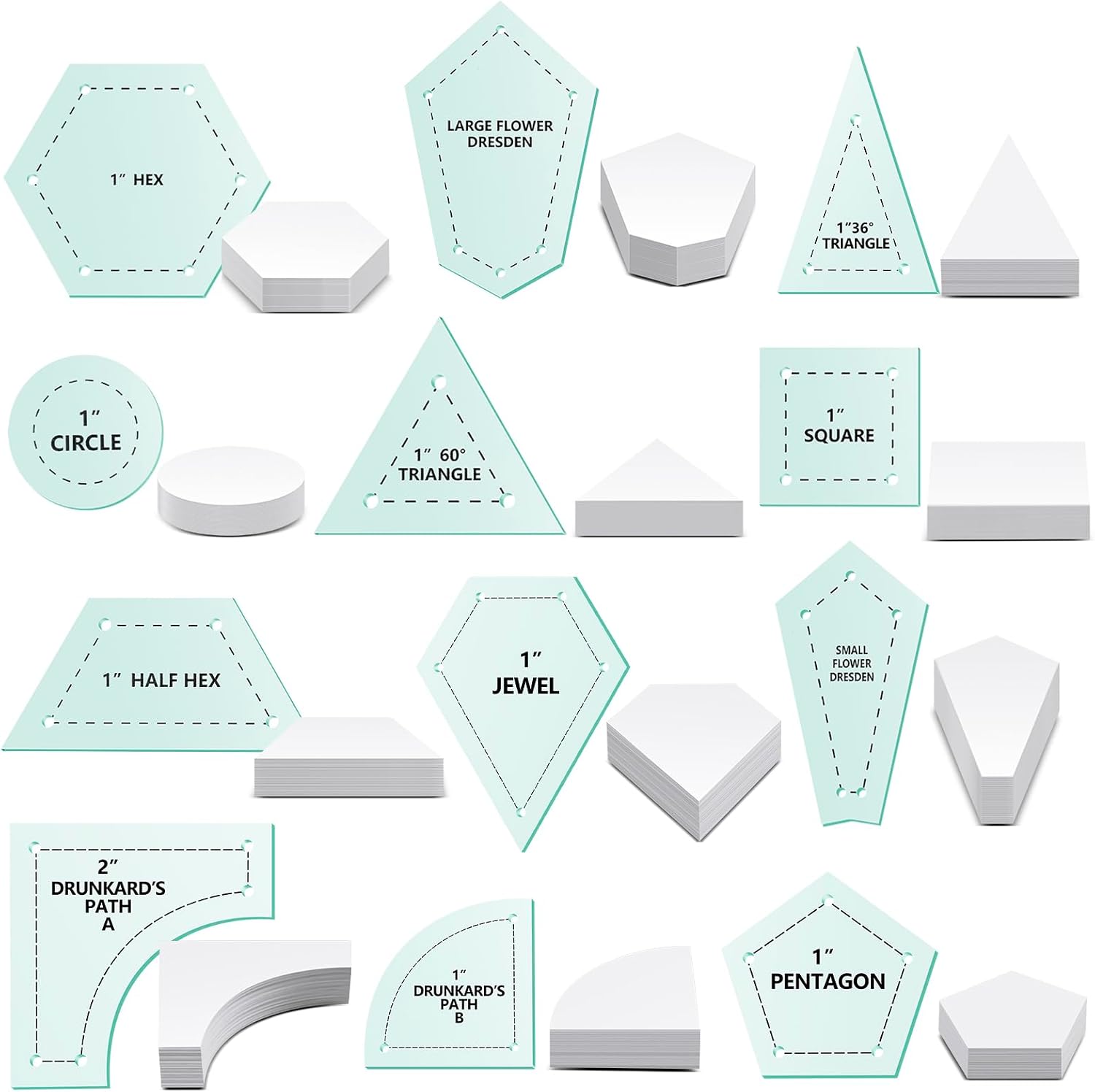 Cinnvoice 612 Pcs Patchwork Paper EPP English Piecing Supplies 12 Shapes Acrylic Templates with 600 Paper Piecing for Sewing Dresden Plate Triangle Hexagon Quilting Template(Classic 1,Yellow Green)