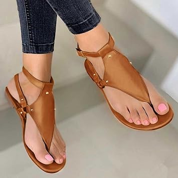 Sandals for Women Summer Dressy Flat 2023,Womens Comfortable Fashion Sandals Open Toe Slippers Flip Flops Shoes Summer Casual Ankle Buckle Strap Clip Toe Flip Flop Beach Travel Walking B-Brown, 6.5